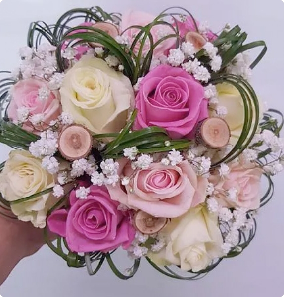 Bouquet de mariée fuchsia, rose pâle et blanc